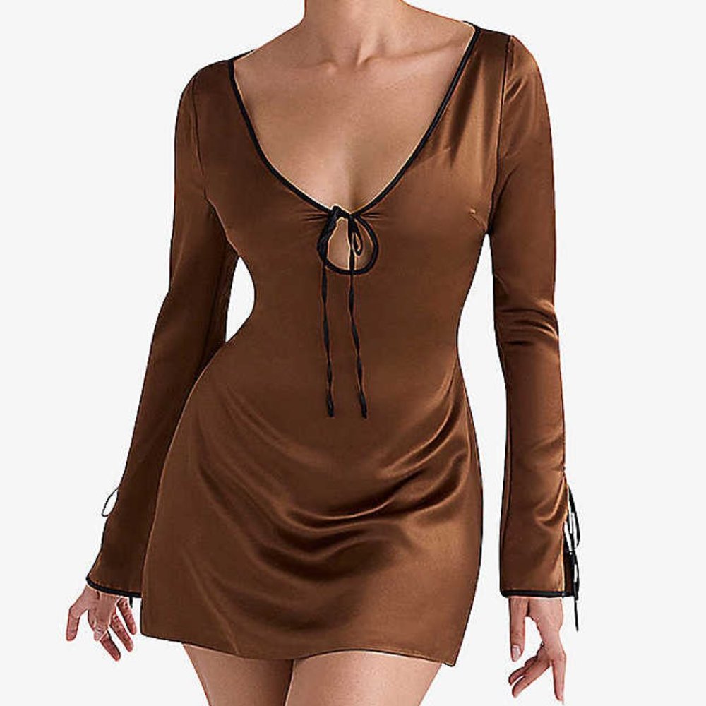 House of CB Sakina Cut-out Long-Sleeve Satin-Woven Mini Dress - FCM32